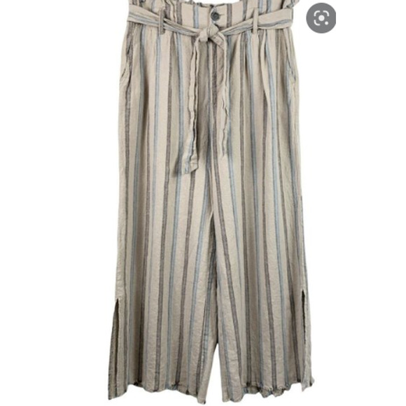 Rewash Paper Bag Wide Leg Linen Blend Striped Belted Pockets Raw Hem -L - Picture 1 of 4